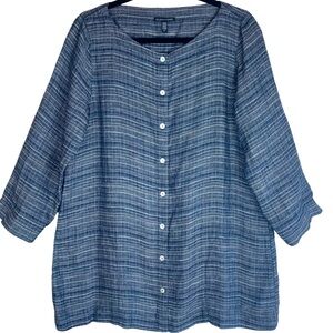 Eileen Fisher Button Tunic Top Jacket 100% Organic Linen Dark Blue Striped